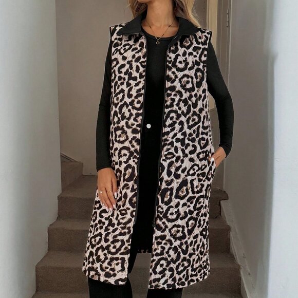 Casual Women's Leopard print Zip up Long Vest Jacket With Pockets - Picture 6 of 6